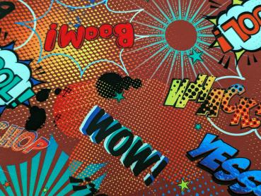 Softshell Digitaldruck Comic Baam Cool WoW Yess Bunt auf Dunkelrot