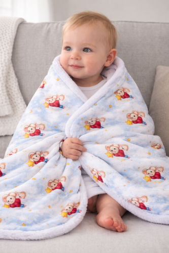Babydecke 75x100 cm mit Sternenmaus – Baumwolle & Minky Fleece, handgemacht, leicht & vielseitig