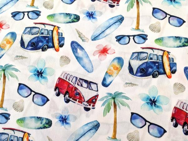 Baumwollstoff Popline Digital Hippie Bus im Urlaub Sommer auf Weiss