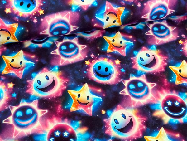 Eigenproduktion French Terry Leuchtende Smileys auf Schwarz