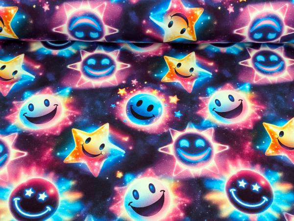 Eigenproduktion French Terry Leuchtende Smileys auf Schwarz