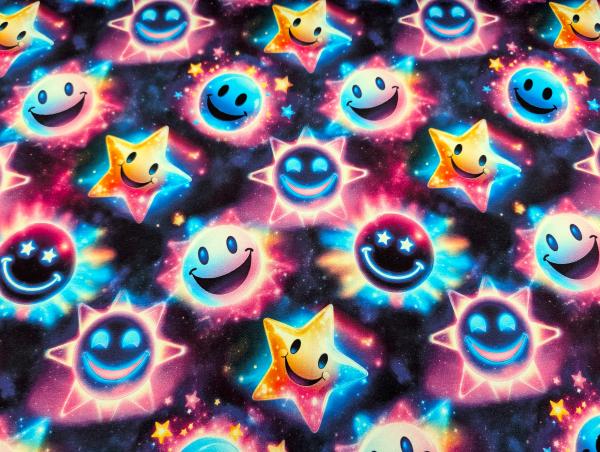 Eigenproduktion French Terry Leuchtende Smileys auf Schwarz