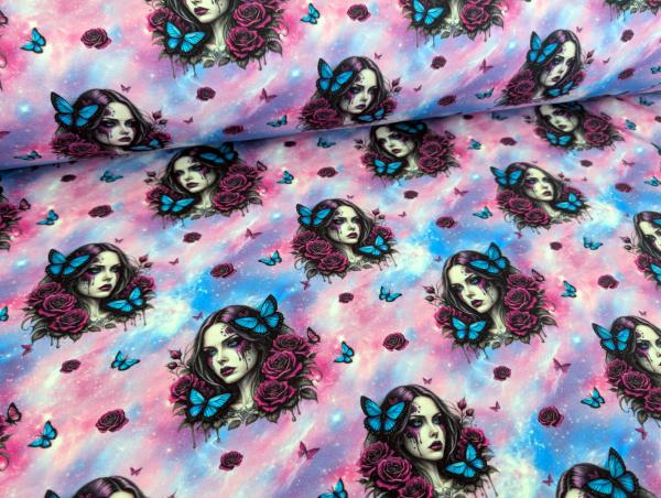 Eigenproduktion French Terry Blumen Frau mit Schmetterling Lila/Rosa