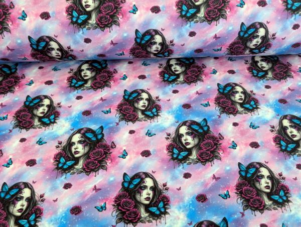 Eigenproduktion French Terry Blumen Frau mit Schmetterling Lila/Rosa