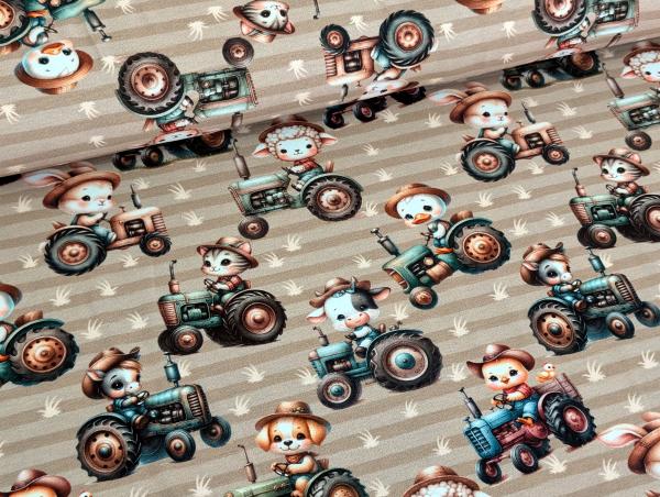 Eigenproduktion Baumwolljersey Tierfarm mit Trecker auf Beige