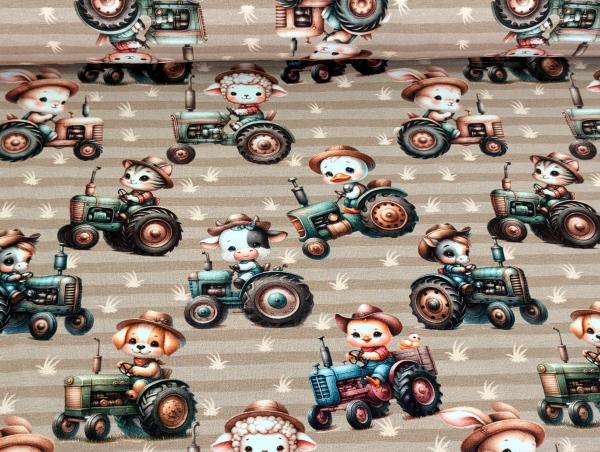 Eigenproduktion Baumwolljersey Tierfarm mit Trecker auf Beige