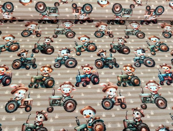 Eigenproduktion Baumwolljersey Tierfarm mit Trecker auf Beige