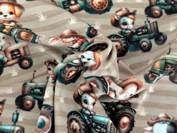 Eigenproduktion Baumwolljersey Tierfarm mit Trecker auf Beige