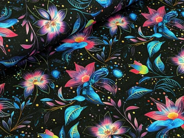 Eigenproduktion Bio Baumwolljersey Fluoreszierender Blütenzauber auf Schwarz Stoff Meterware Kleiderstoff