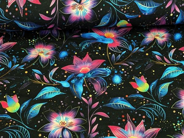 Eigenproduktion Bio Baumwolljersey Fluoreszierender Blütenzauber auf Schwarz Stoff Meterware Kleiderstoff