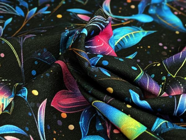 Eigenproduktion Bio Baumwolljersey Fluoreszierender Blütenzauber auf Schwarz Stoff Meterware Kleiderstoff