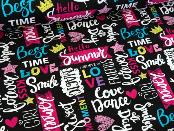 Eigenproduktion Baumwolljersey Magic Girl Summer auf Schwarz