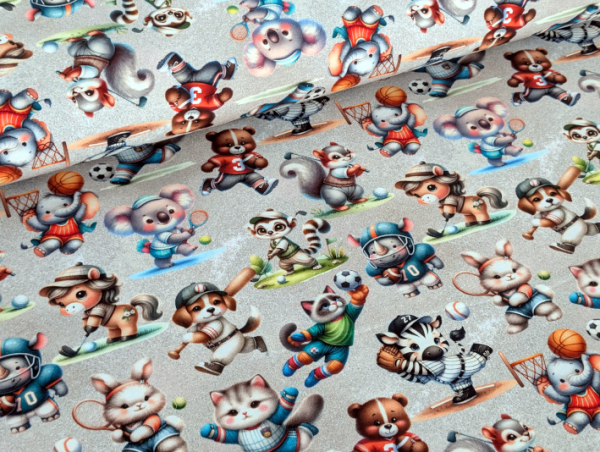 Baumwolljersey Tiere Sport auf Hellgrau