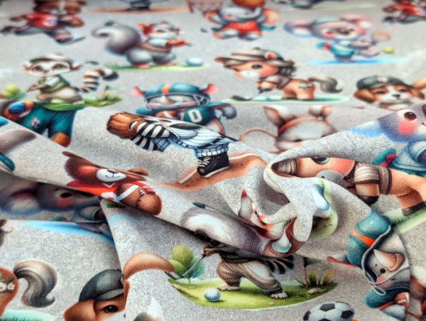 Baumwolljersey Tiere Sport auf Hellgrau