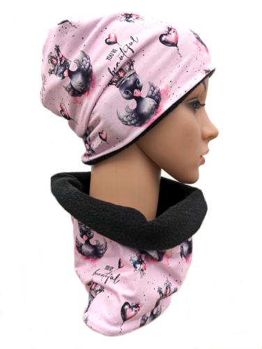 Beanie und Loop Set Prinzessin Schwan auf Hellrosa Gr. S-XL