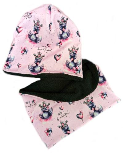 Beanie und Loop Set Prinzessin Schwan auf Hellrosa Gr. S-XL