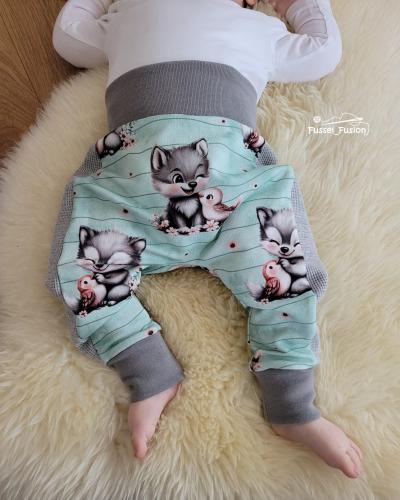 Eigenproduktion French Terry Sweet Wolf mit Vogel Streifen auf Mint/Grün