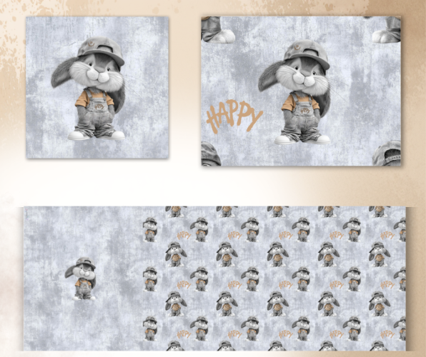 VB - Eigenproduktion Baumwolljersey Panel Kleiner Happy auf Grau 60 x 165 cm