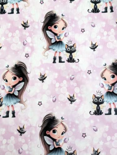 Eigenproduktion Baumwolljersey Panel Diamond Girl Cat auf Rosa / Flieder 75 x 165 cm