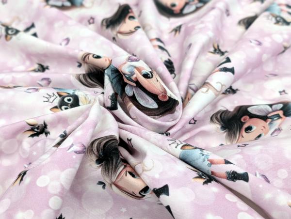 Eigenproduktion Baumwolljersey Panel Diamond Girl Cat auf Rosa / Flieder 75 x 165 cm