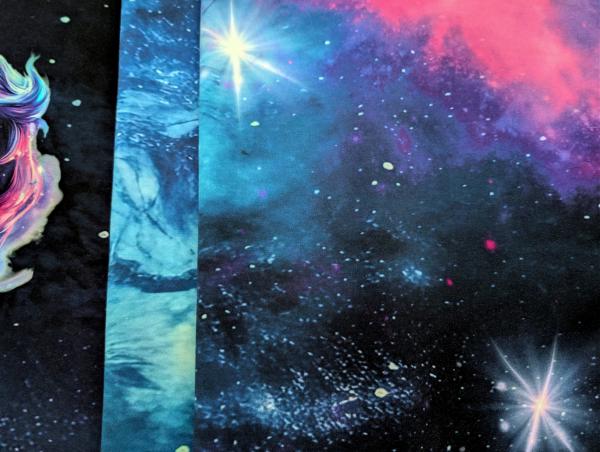 Eigenproduktion French Terry Panel Fantasy Unicorn in Galaxy auf Nachtblau 75 x 165 cm