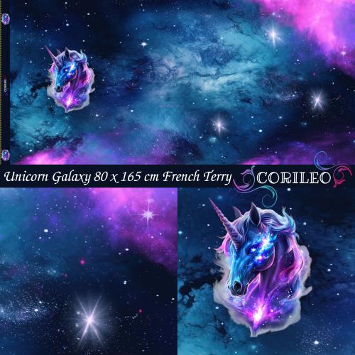 Eigenproduktion French Terry Panel Fantasy Unicorn in Galaxy auf Nachtblau 75 x 165 cm