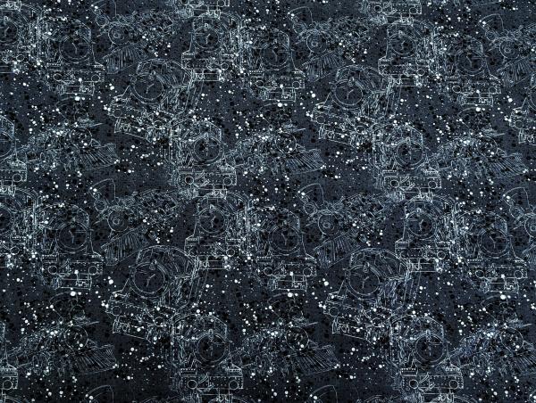 Eigenproduktion Baumwolljersey Panel Eisenbahn Lok auf Grau 65 x 165 cm