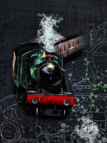Eigenproduktion Baumwolljersey Panel Eisenbahn Lok auf Grau 65 x 165 cm