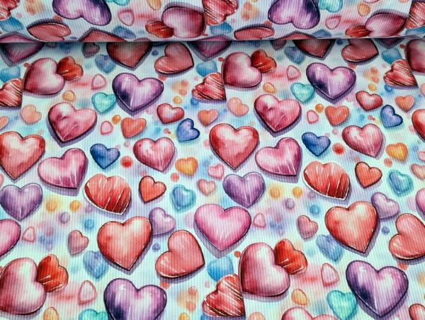 Eigenproduktion Rib Jersey Bunte Herze auf Weiß