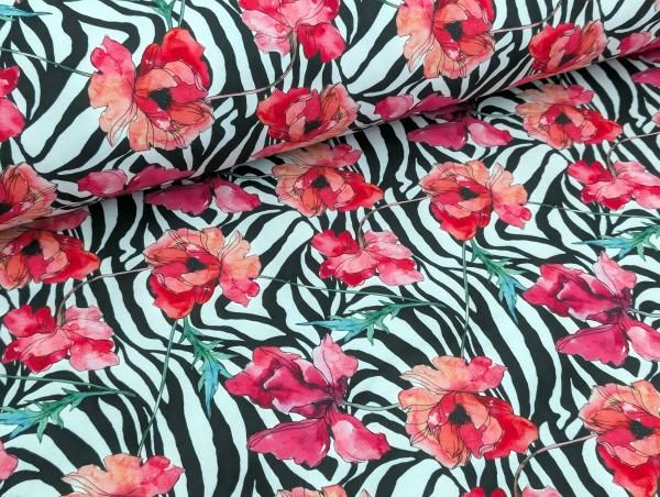 Softshell Digitaldruck Zebramuster mit Blumenranken Creme