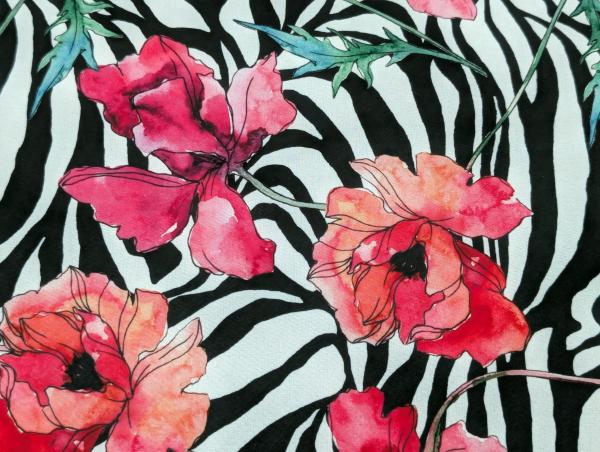 Softshell Digitaldruck Zebramuster mit Blumenranken Creme