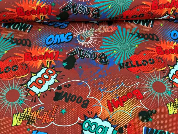 Softshell Digitaldruck Comic Baam Cool WoW Yess Bunt auf Dunkelrot