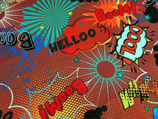 Softshell Digitaldruck Comic Baam Cool WoW Yess Bunt auf Dunkelrot