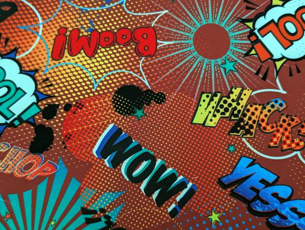 Softshell Digitaldruck Comic Baam Cool WoW Yess Bunt auf Dunkelrot
