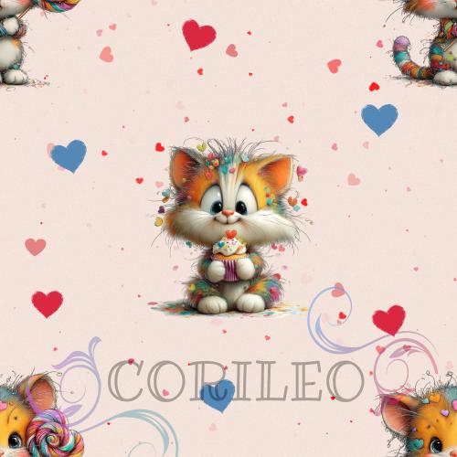 Digitales Stoffdesign Allover Herz Katze